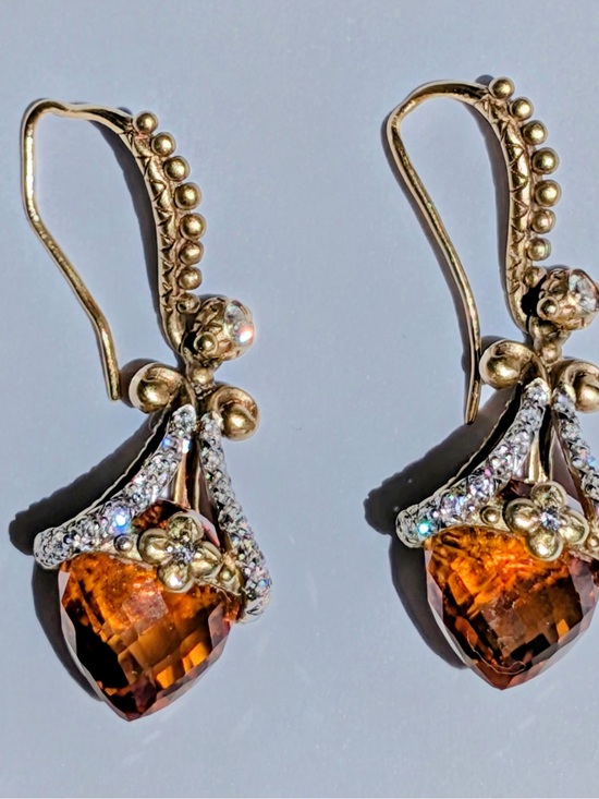 Barbara Bixby Jewelry - 18K Gold Amber Crystal Drop Earrings with Clear Accent Rhinestones